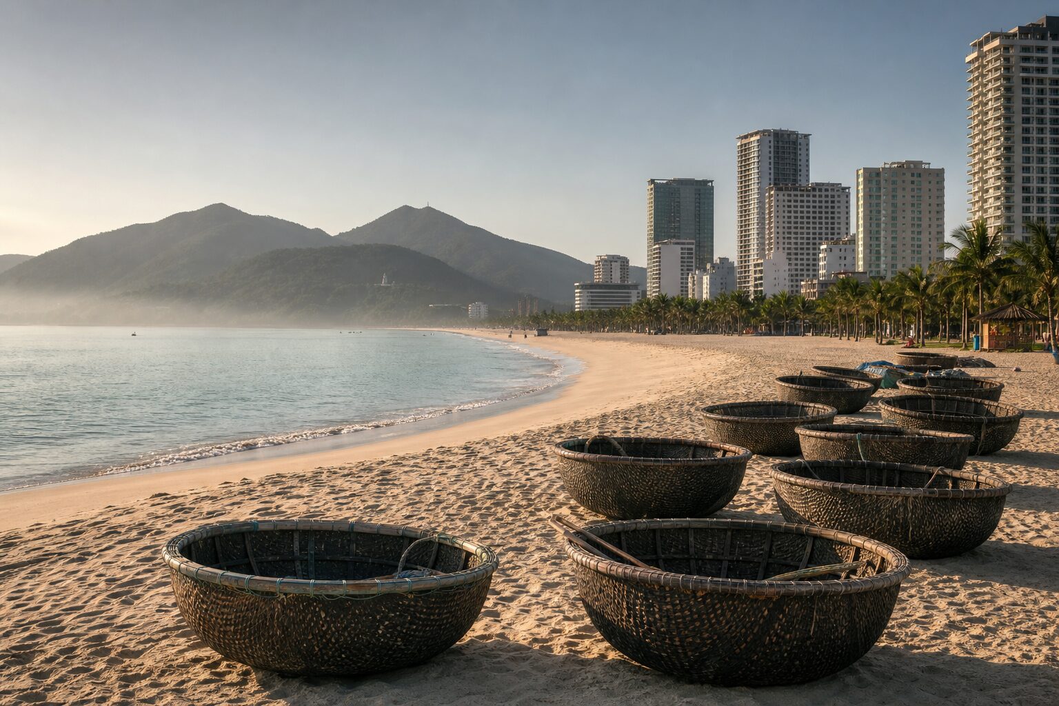 Da Nang beach at sunrise with round bamboo fishing boats on the sand, central Vietnam