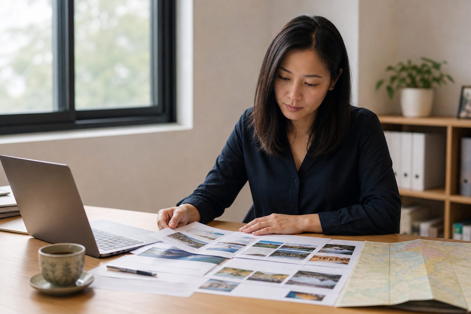 Vietnamese travel planner reviewing a printed multi-day itinerary and map at her desk
