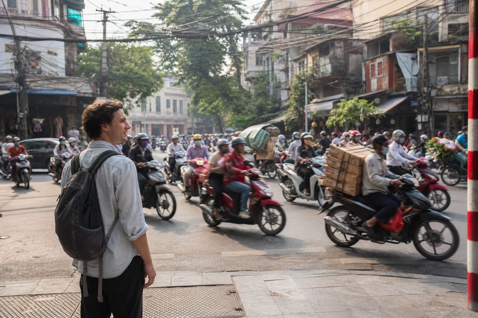 A Western traveller with a backpack waiting to cross a busy street of motorbike traffic in the Hanoi Old Quarter