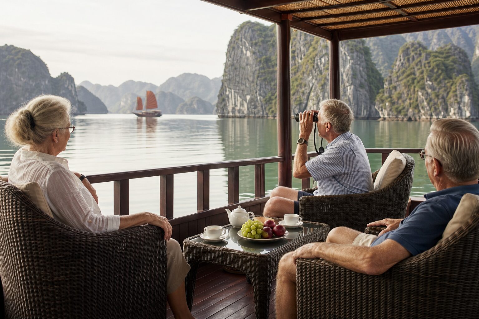 Older travellers seated in armchairs on the shaded deck of a day boat among limestone karsts in Lan Ha Bay
