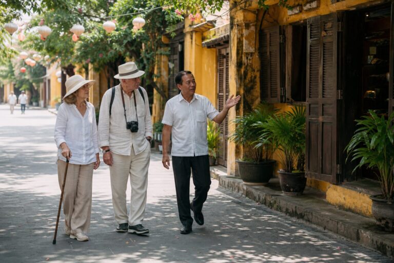 Older couple walking with a Vietnamese guide along a shaded heritage street in Hoi An