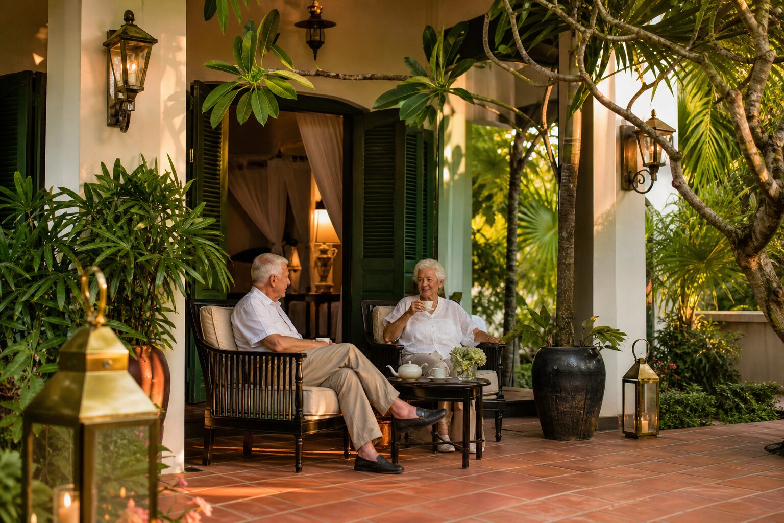 Older couple having tea on the garden terrace of a colonial-style boutique hotel in Hue at dusk