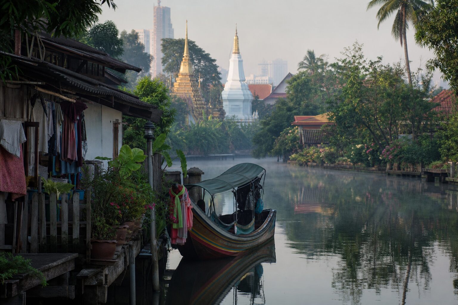 Wooden long-tail boat moored on a quiet Bangkok canal at dawn with gilded temple spires rising behind the trees