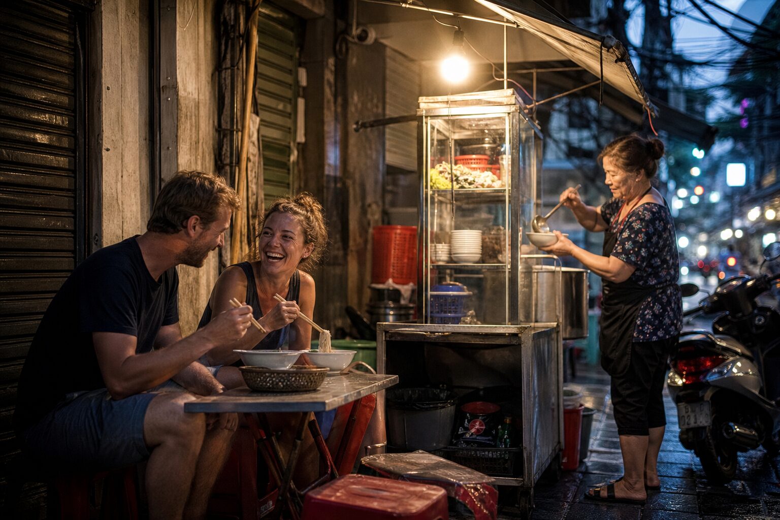 Two travellers eating noodle soup on low stools at a street food cart in the Hanoi Old Quarter at dusk