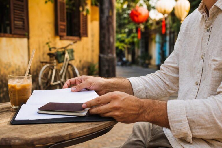 A traveller checking travel documents and a passport at a cafe table on a lantern-lit street in Hoi An
