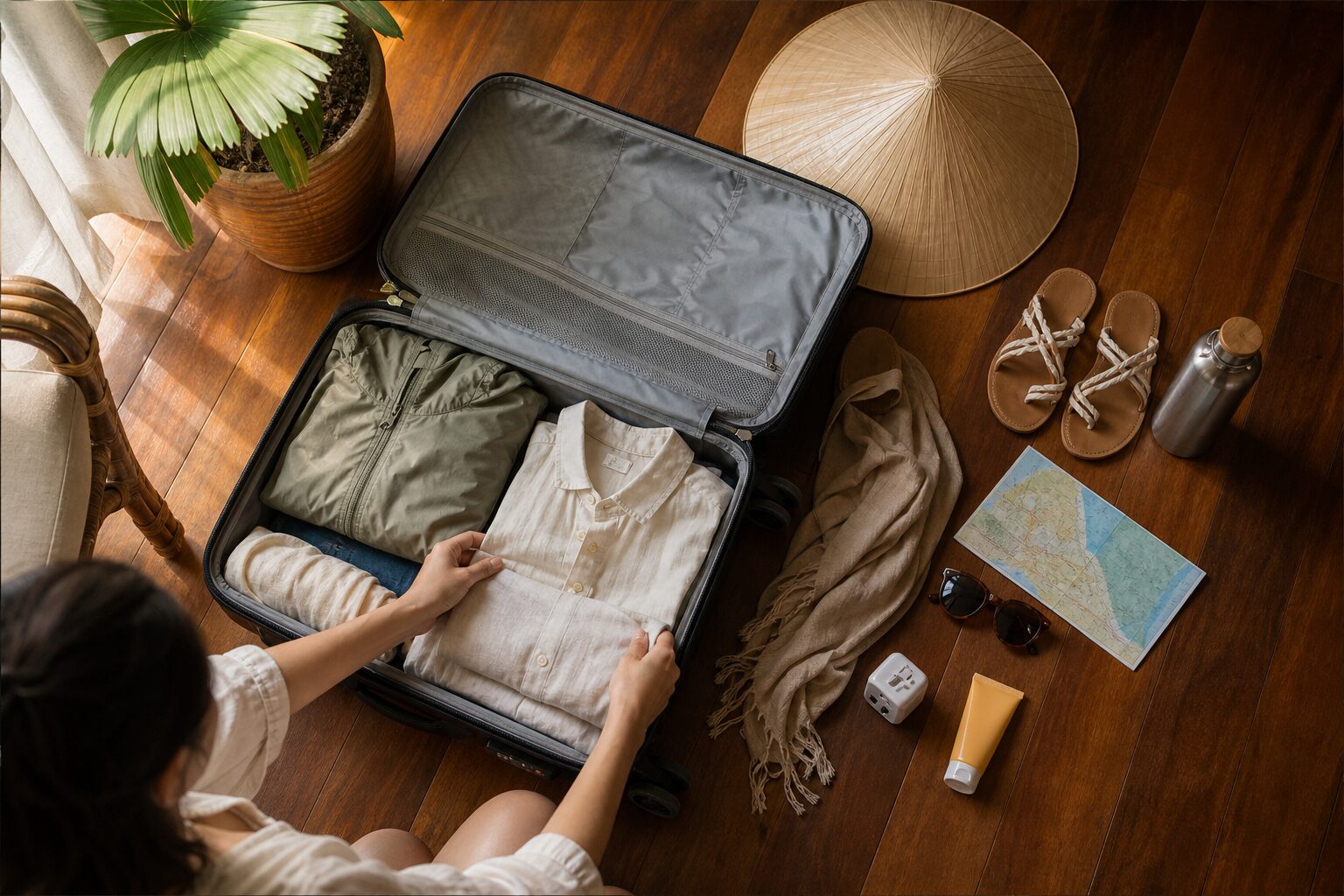 A traveller packing linen shirts and a rain jacket into a suitcase beside a conical hat, sandals and sunscreen