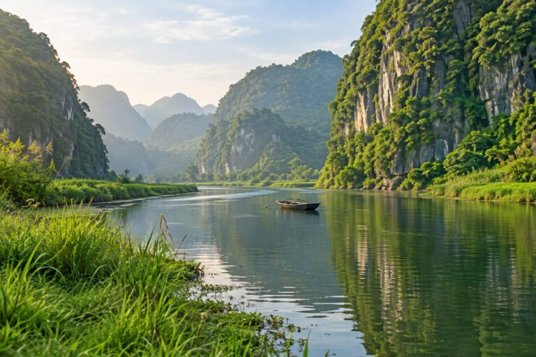 Limestone hills and a small wooden boat on a calm river, inspired by Ninh Binh, Vietnam