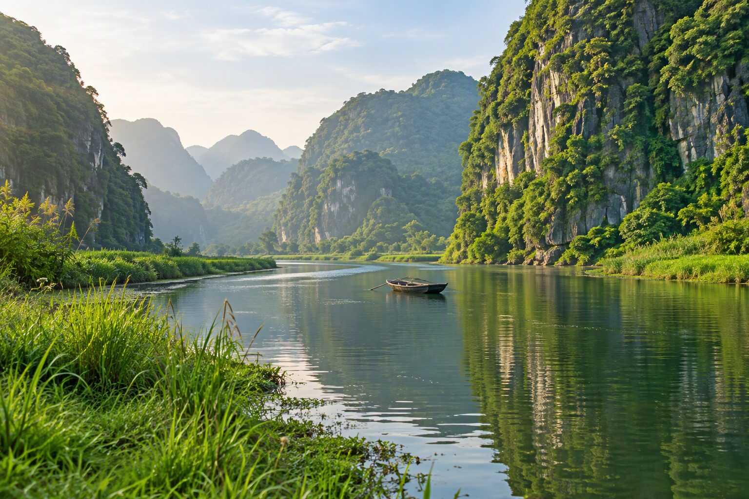 Limestone hills and a small wooden boat on a calm river, inspired by Ninh Binh, Vietnam