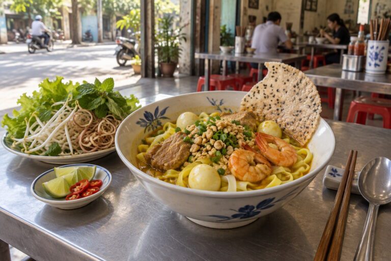 Mi Quang noodles with shrimp, pork, quail eggs, herbs and a sesame rice cracker at a local eatery in Da Nang