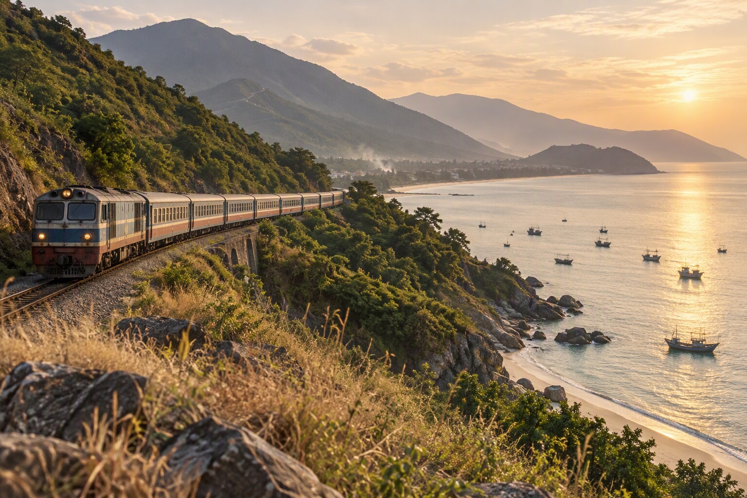 Getting around Vietnam by train: a passenger train curving along the coast at Lang Co Bay near the Hai Van Pass at sunset