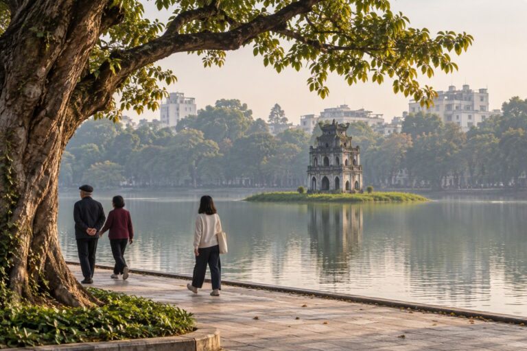 Hanoi in 2 days: Turtle Tower on Hoan Kiem Lake in soft morning light