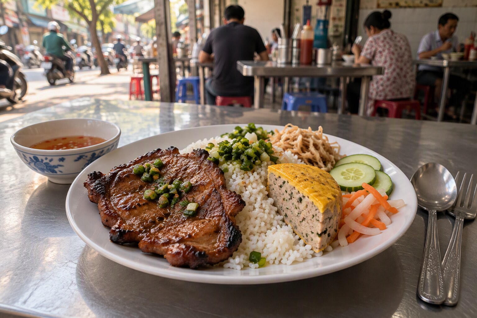 Com tam broken rice with grilled pork chop, shredded pork skin, steamed pork-and-egg meatloaf and pickles at a Saigon eatery