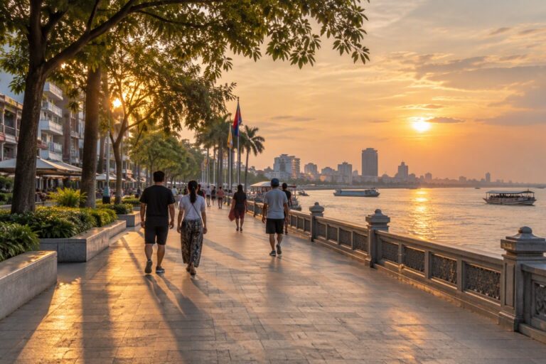 People walking along the Phnom Penh riverside promenade in warm evening light