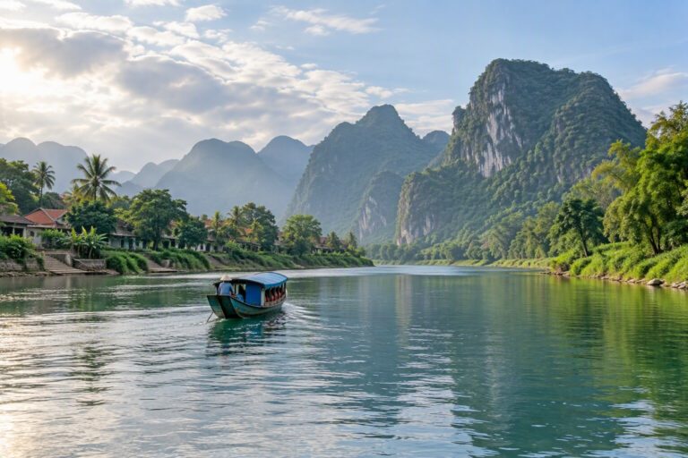 Boat on the Son River near Phong Nha, with forested limestone hills beyond