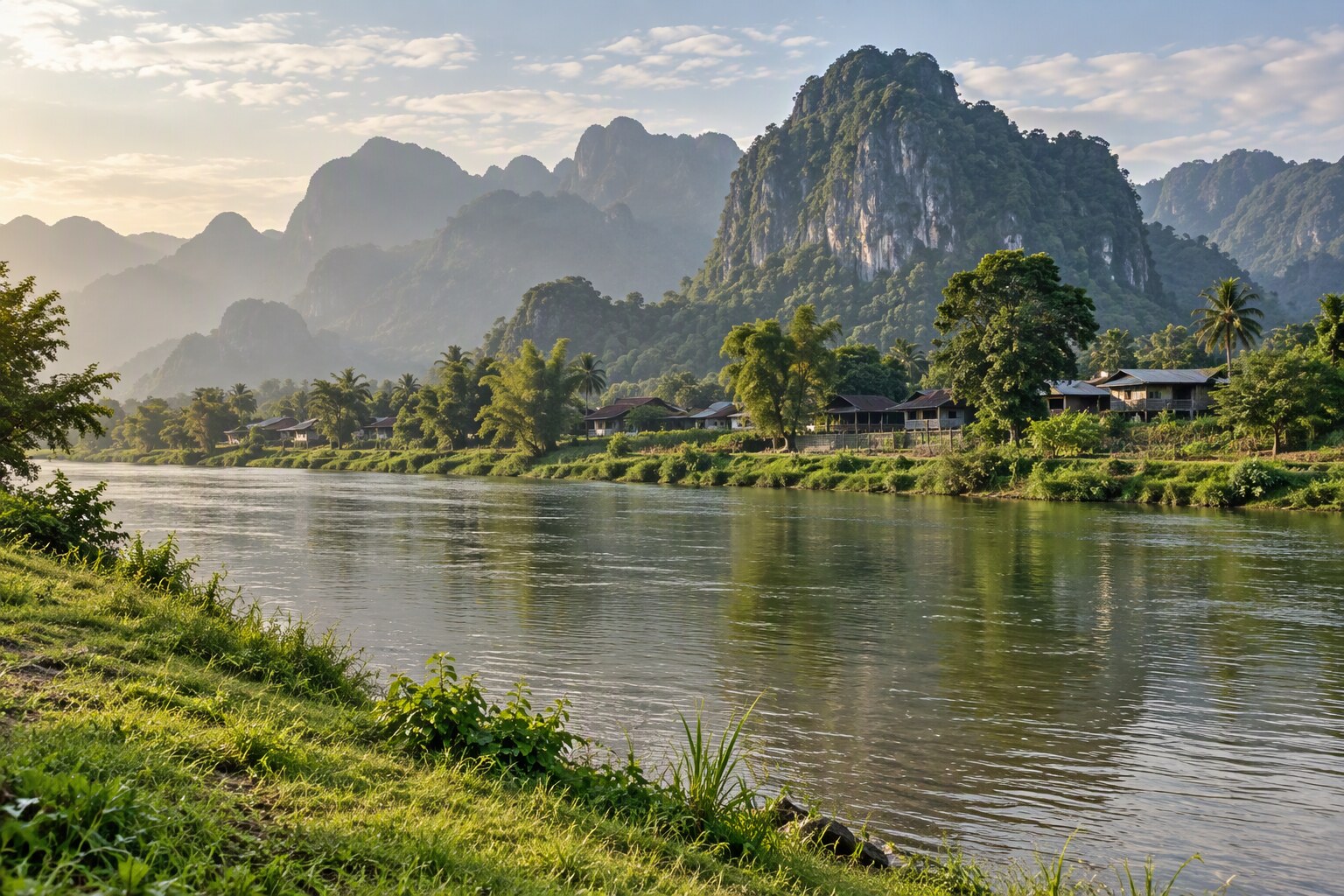 The Nam Song River and forested limestone hills near Vang Vieng in morning light
