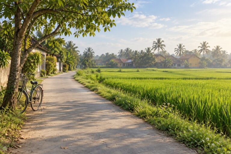 Illustrative countryside lane beside green rice fields and village homes near Hoi An, with a bicycle under a shady tree