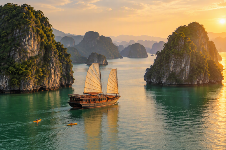 Wooden junk boat sailing past limestone karsts in Ha Long Bay at sunset