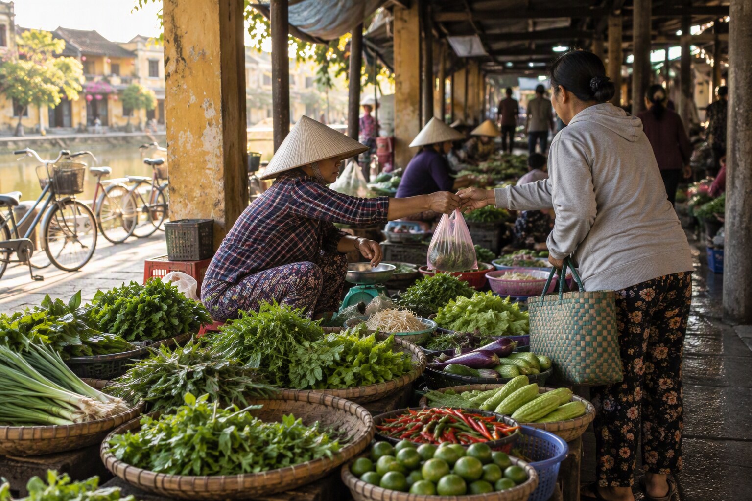A vendor hands a bag of vegetables to a shopper at a morning produce market in Hoi An