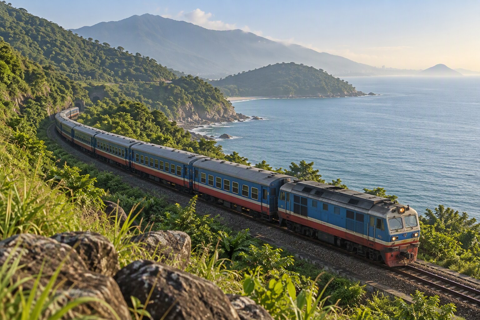 Vietnam sleeper trains on the coastal railway below Hai Van Pass between Hue and Da Nang