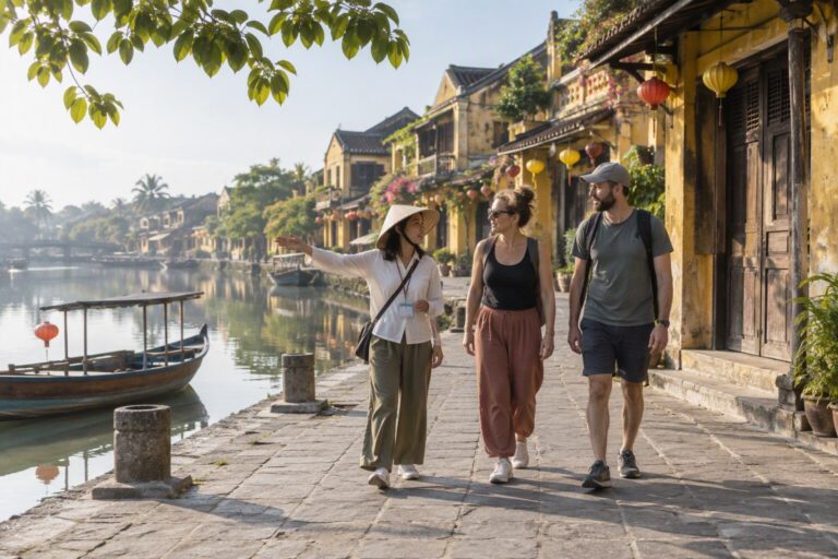 Illustrative scene of a local guide and two visitors walking beside the river and historic yellow houses in Hoi An